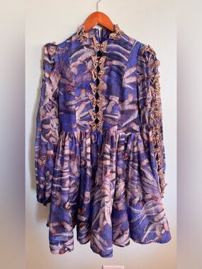 Purple Butterfly-Trim Tiered Floral Dress